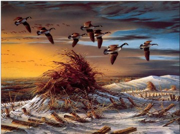  atardecer pintura - migración de aves en la nieve del invierno al atardecer